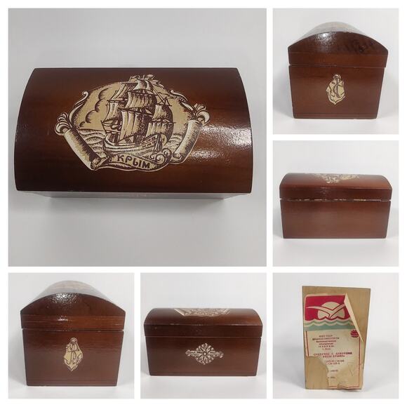VTG Wood Box Dresser Trinket Trunk City Ukraine Crimea Clipper Ship Boat Anchor - Picture 2 of 7